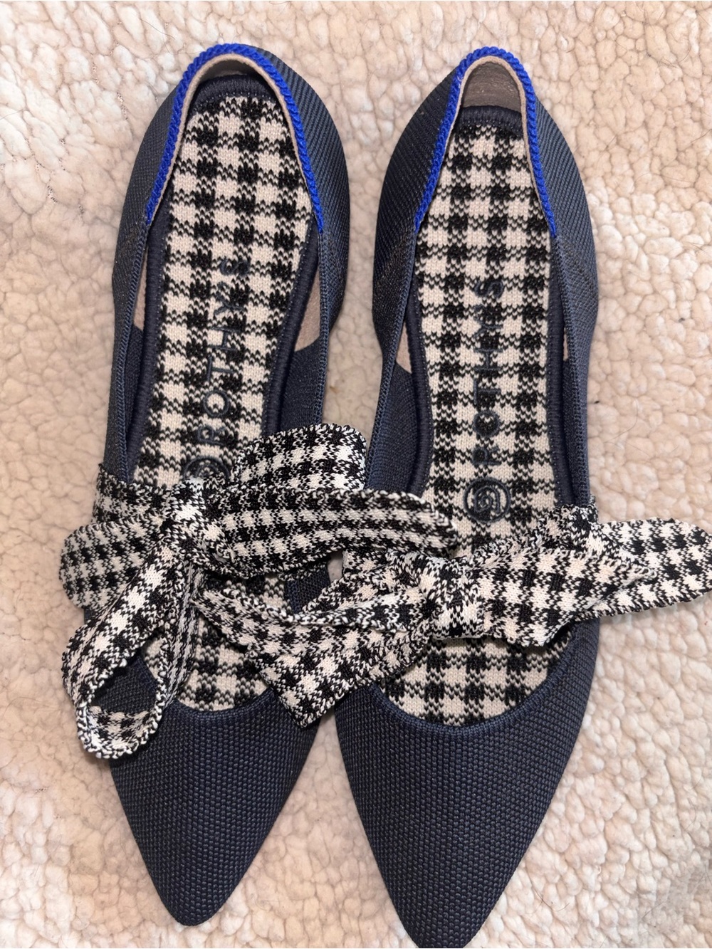 Rothy’s The Point Mary Jane Navy Houndstooth Bow Flats Size 8 US - Picture 2 of 7